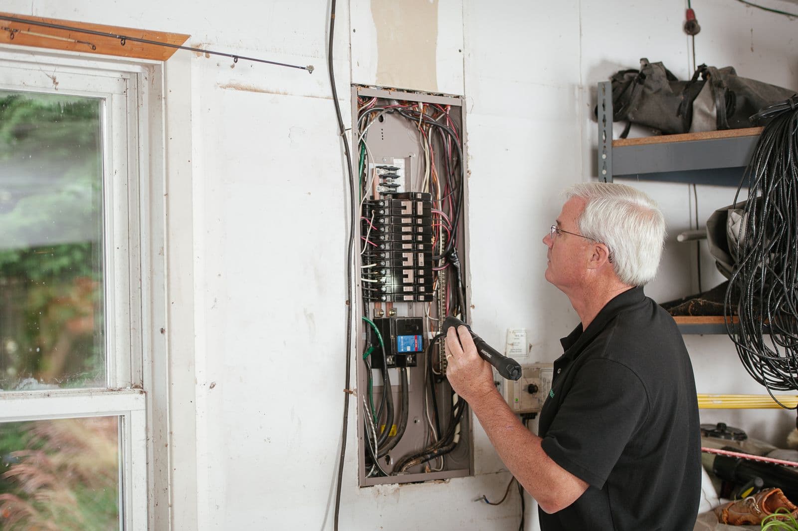 A licensed AmpUp electrician working on an upgraded electrical service panel inside a home