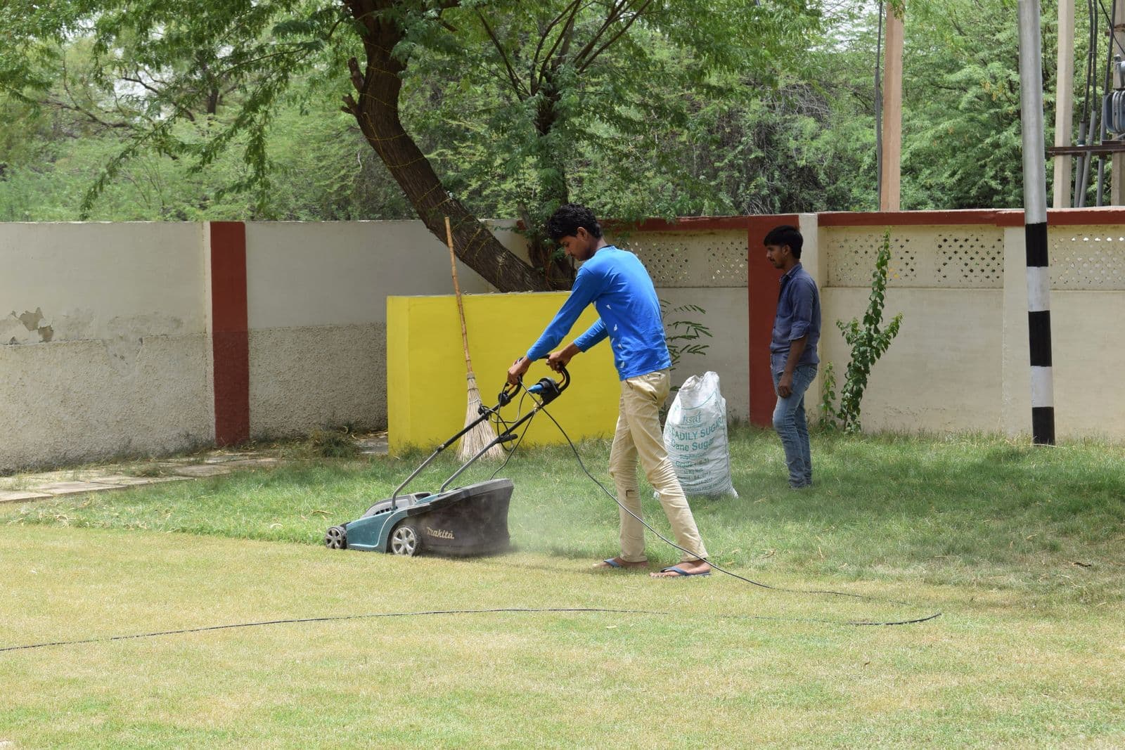 MowMint crew member push-mowing a neatly striped residential lawn