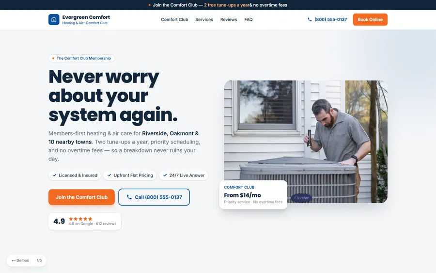 Comfort Club — Evergreen Comfort website design
