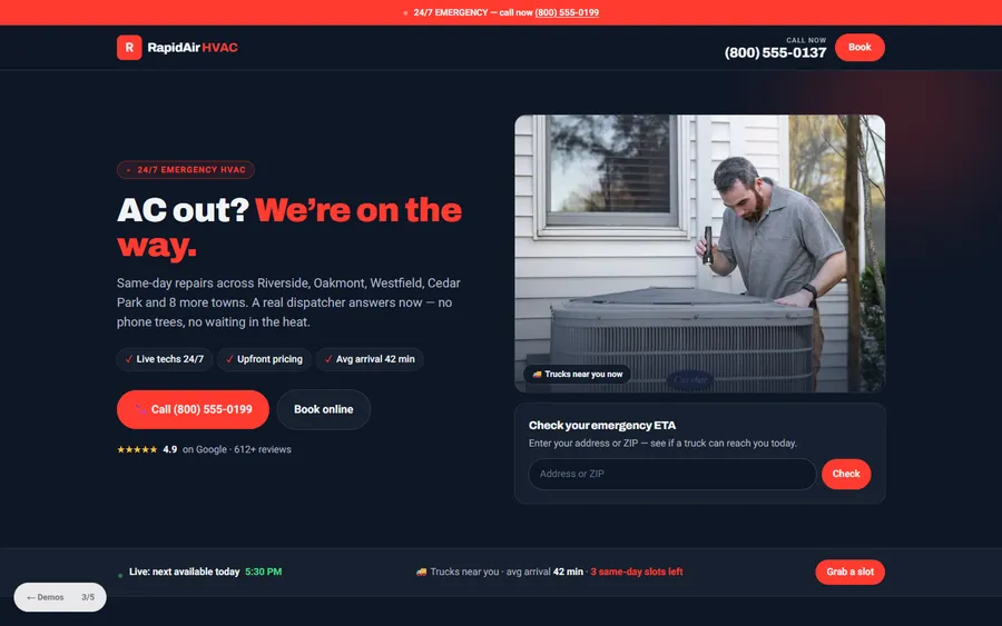 Emergency 24/7 — RapidAir HVAC website design