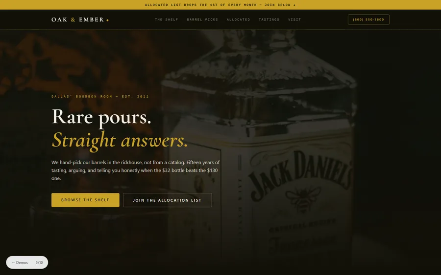 Whiskey Den — Oak & Ember website design
