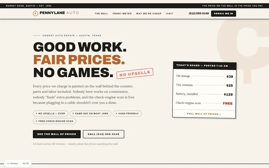 Value Board — Penny Lane Auto website design