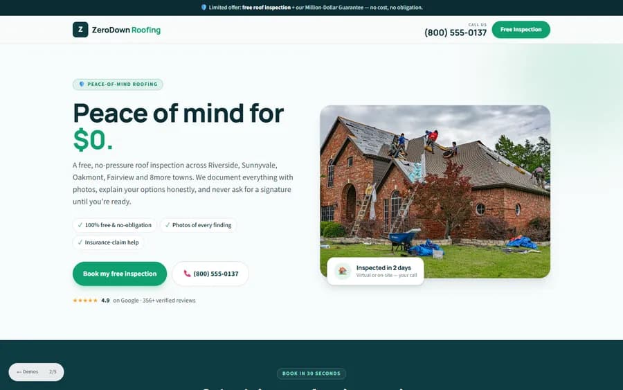 Free Inspection — ZeroDown Roofing website design