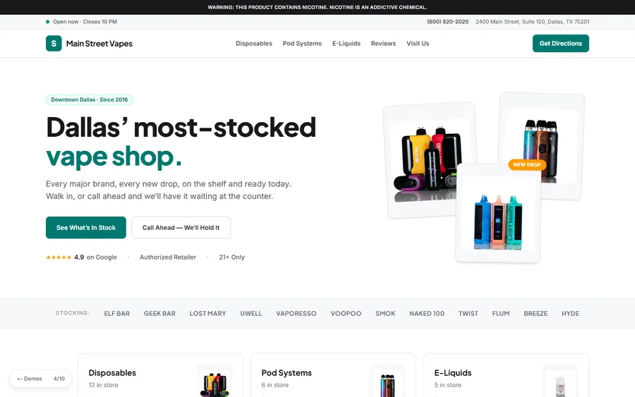 Storefront — Main Street Vapes website design