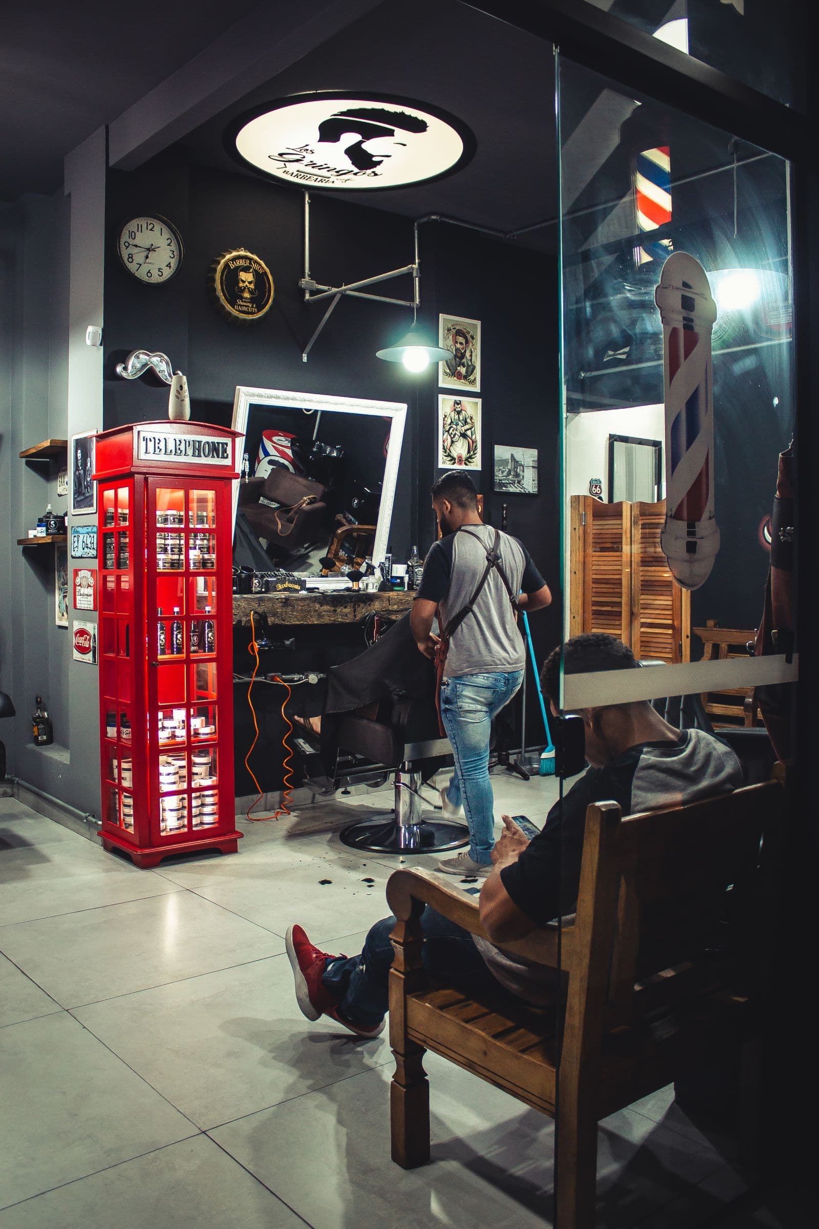 The storefront and floor of Ironworks Grooming Co.