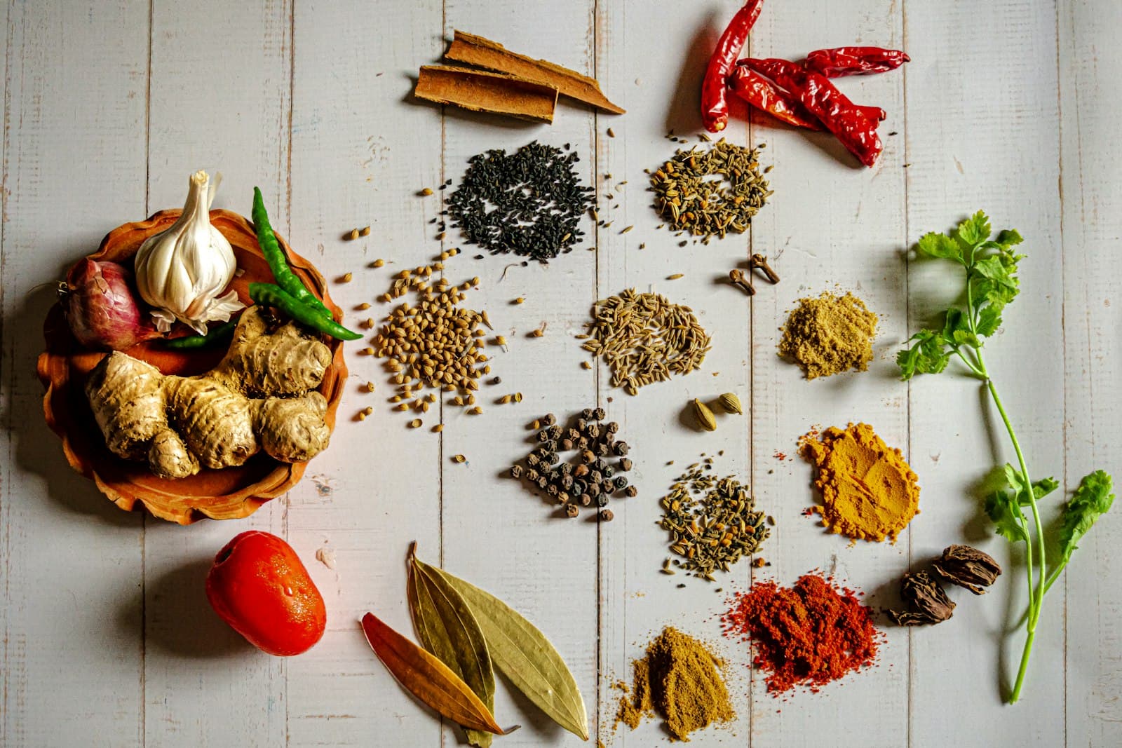 Mounds of ground spices in vivid reds and golds