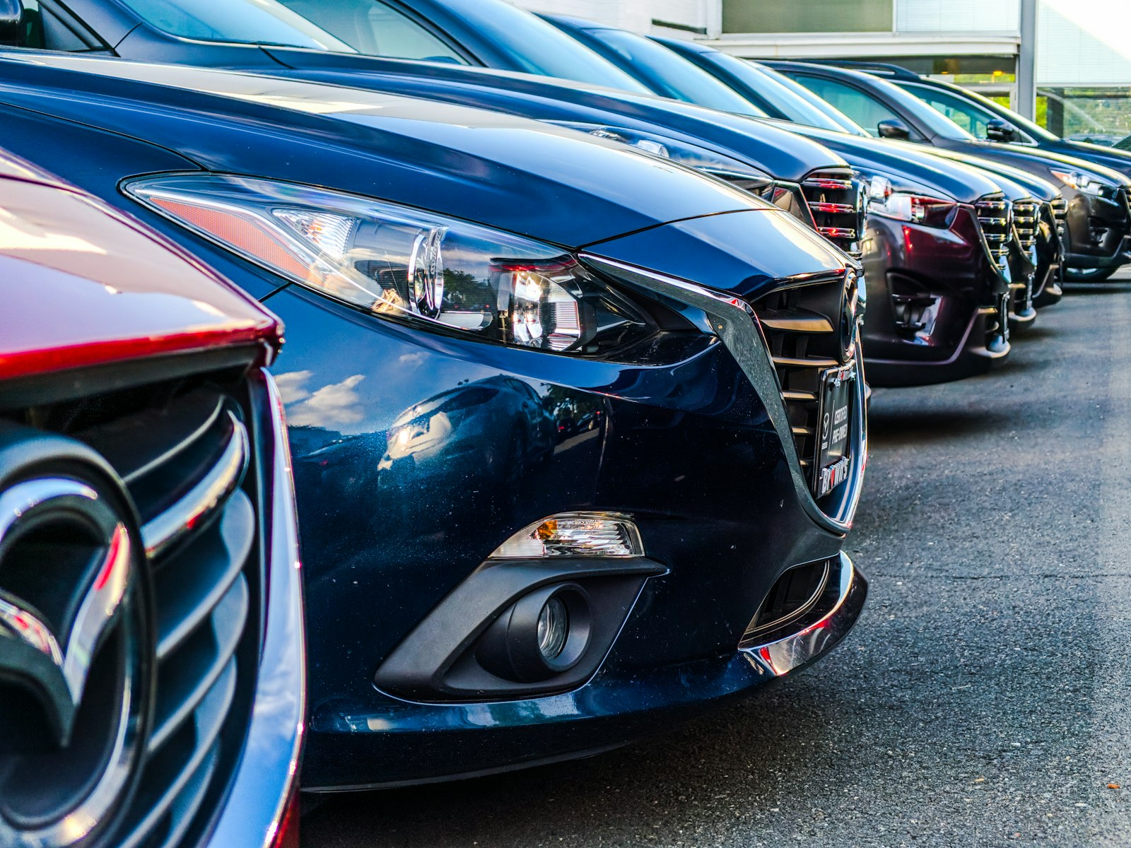 Clean, well-lit used cars lined up on the Plainview Auto Co. lot